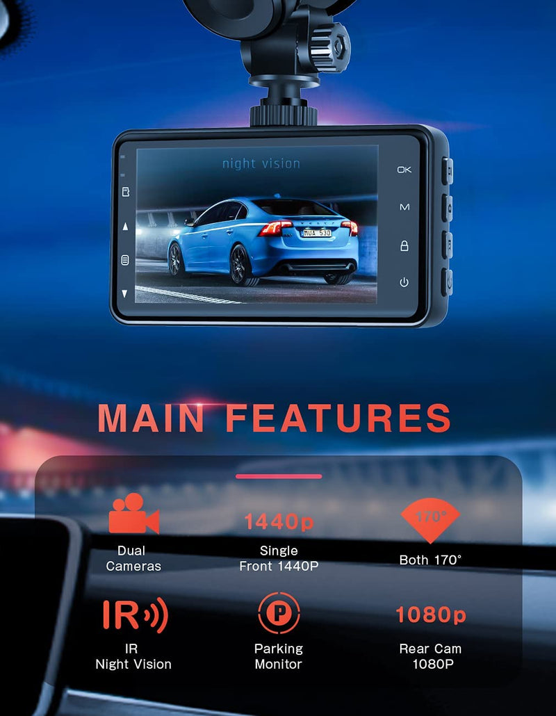 IIWEY Dash Cam Front and Rear Camera 1440p & 1080p With 6 IR Night Vision In Car Camera Dashboard Dash Cam