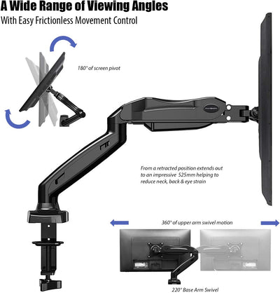 Invision PC Monitor Arm, Gas Powered Desktop Clamp Mount for 17–27” Screens Adjustable Tilt Swivel VESA 75mm & 100mm Weight 2kg to 6.5kg (MX150)