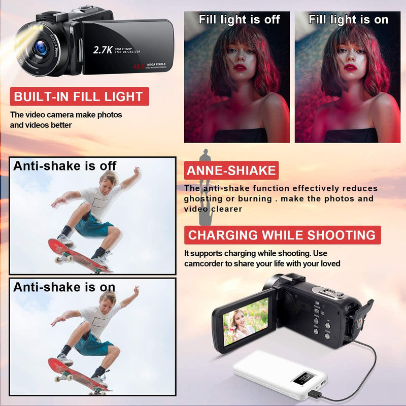 HD Video Camera Camcorder with LED Fill Light, 2.7K 1080P 42MP 30FPS FHD YouTube Vlogging Camera Recorder 18X Digital Zoom with 2 Batteries