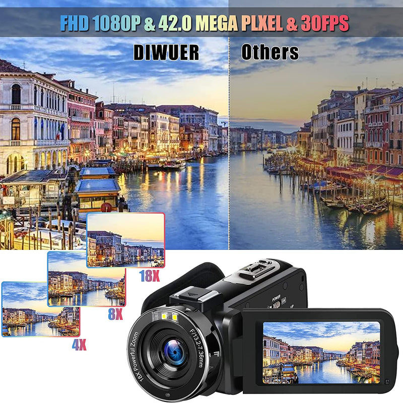 DIWUER Video Camera Camcorder Upgraded Full HD 1080P 30MP Vlogging For YouTube 18X Digital Zoom 3.0" LCD 270 Degree Flip Screen With 2 Batteries