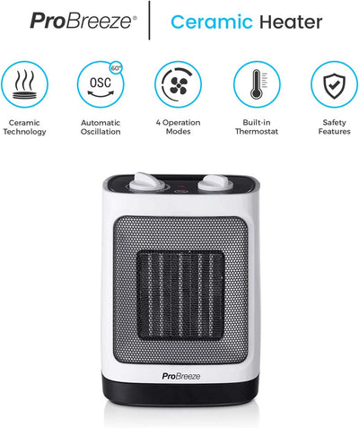 Pro Breeze 1800W Mini Ceramic Fan Heater – Automatic Oscillation, 2 Heat Settings and Fan Only Mode, White