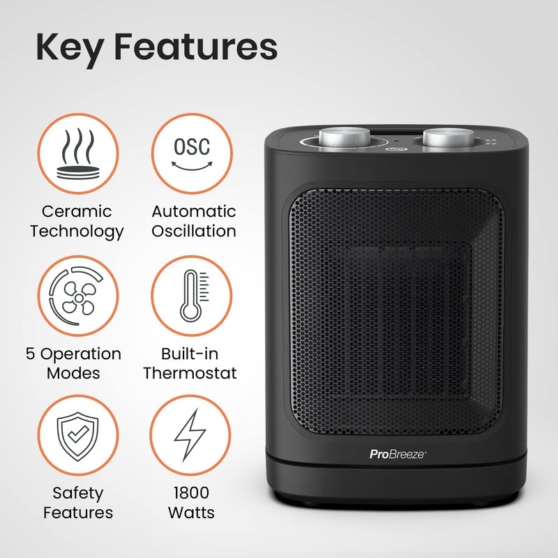 Pro Breeze 1800W Mini Ceramic Fan Heater – Automatic Oscillation, 2 Heat Settings and Fan Only Mode, Black