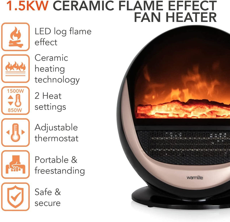 Warmlite WL44018 1.5kW Ceramic Flame Effect Fan Heater with 2 Heat Settings and LED Log Flame Effect
