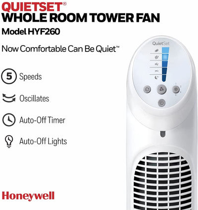 Honeywell QuietSet Whole Room Oscillating Tower Fan (5 Speed Settings, Oscillating 80°, Timer Function, Auto-Off Lights, Remote Control) HYF260