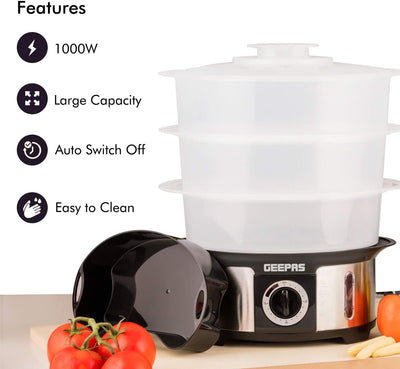 Geepas 3-Tier Food Steamer, 12L Capacity Electric Vegetable Steamer with BPA Free Removable Baskets for Healthy Steam Cooking