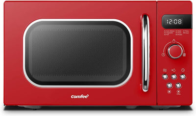 COMFEE' Retro Style 800w 20L Microwave Oven with 8 Auto Menus, 5 Cooking Power Levels, and Express Cook Button - Passionate Red - CM-M202RAF(RD)