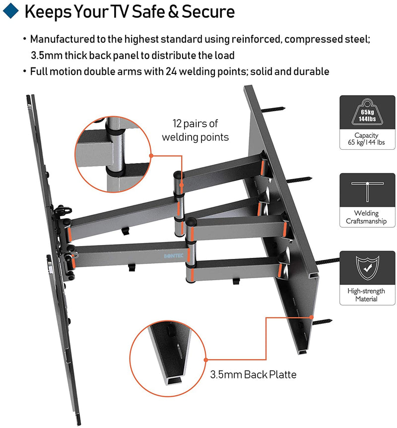 BONTEC TV Wall Bracket for 37-80 inch LED LCD Flat & Curved Screen, Swivel Tilt TV Wall Mount, Heavy Duty Dual Arms up to 65KG, with HDMI Cable