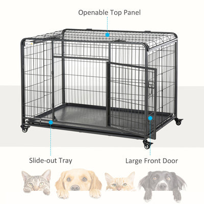 PawHut Heavy Duty Dog Crates Foldable Doge Kennel and Dog Cage Pet Playpen with Double Doors Removable Tray Lockable Wheels 125cm x 76cm x 81cm.