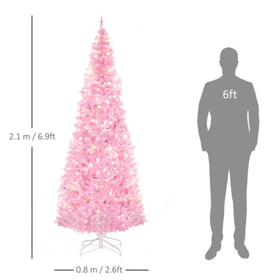 HOMCOM 7' Tall Prelit Pencil Slim Artificial Christmas Tree with Realistic Branches, 350 Warm White LED Lights and 818 Tips, Xmas Decoration, Pink