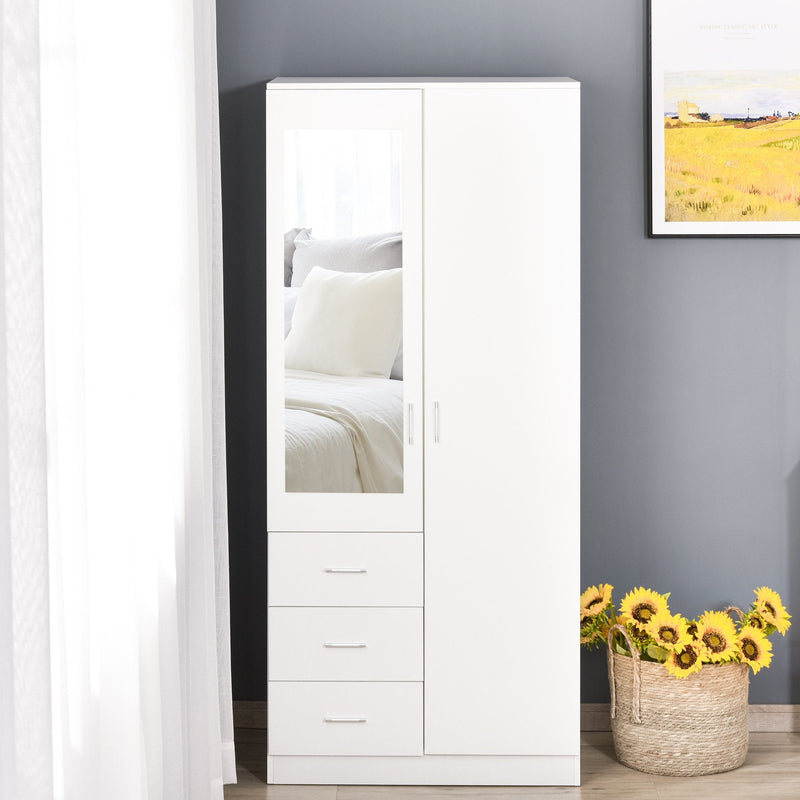 2-Door Wardrobe, Adjustable Shelf 3 Drawers Mirror Home Storage, White