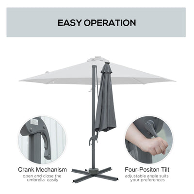 Outsunny 3(m) Cantilever Roma Parasol Patio Sun Umbrella with Crank & Tilt LED Solar Light Cross Base 360° Rotating Outdoor, Dark Grey