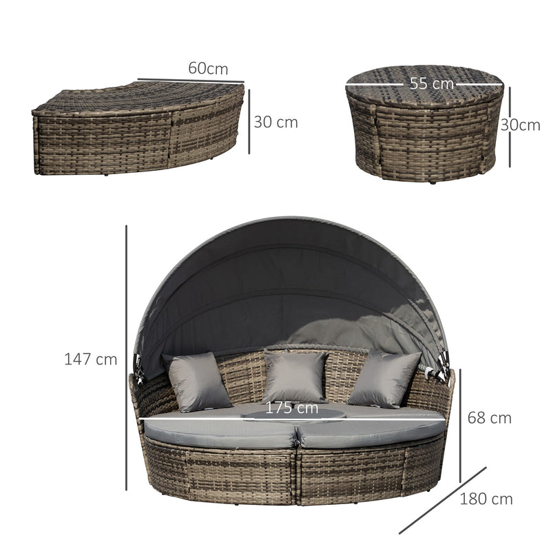 Outsunny Rattan Garden Furniture Cushioned Wicker Round Sofa Bed with Coffee Table Patio Conversation Furniture Set - Grey