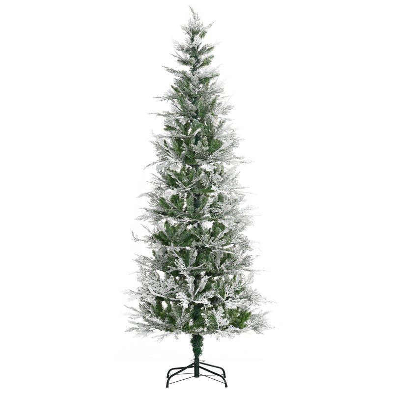 HOMCOM Pencil Snow Flocked Artificial Christmas Tree with Realistic Cypress Branches, Auto Open, Green