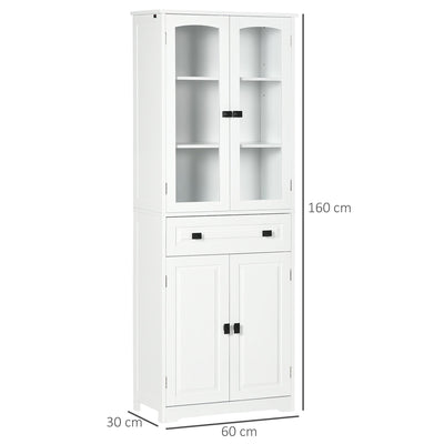 HOMCOM Kitchen Cupboard, Freestanding Storage Cabinet with 2 Adjustable Shelves, Drawer and Glass Door for Living Room, Dining Room, 160cm, White