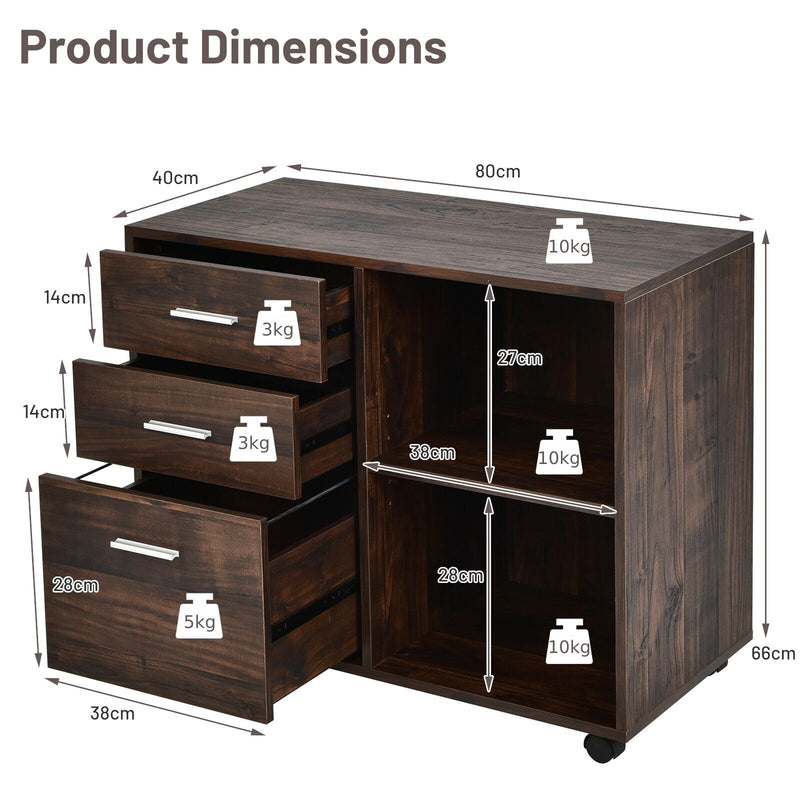 3-Drawer Mobile File Cabinet with Open Shelves