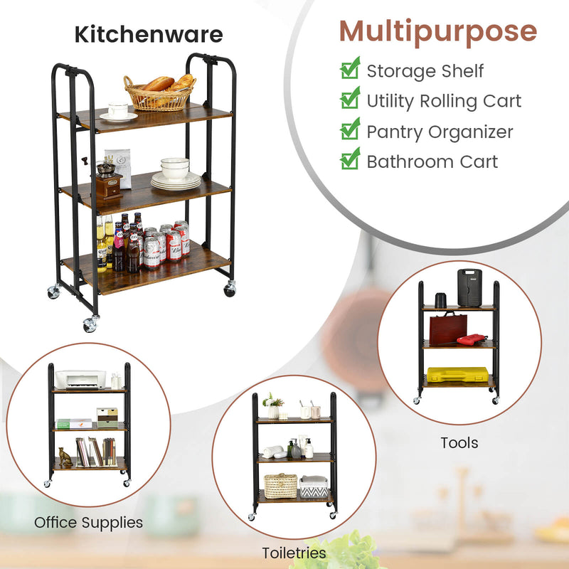 3-Tier Folding Kitchen Island Cart with Metal Frame