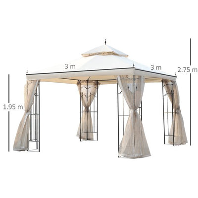 300cmX300cm Garden Gazebo Double Top Canopy W/ Mesh Curtain - Beige