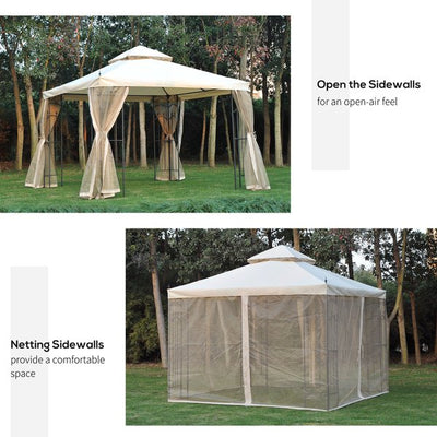 300cmX300cm Garden Gazebo Double Top Canopy W/ Mesh Curtain - Beige