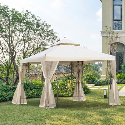 300cmX300cm Garden Gazebo Double Top Canopy W/ Mesh Curtain - Beige