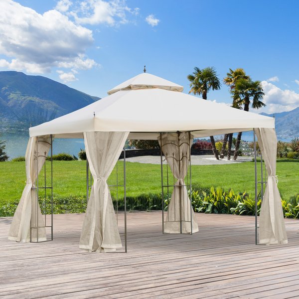 300cmX300cm Garden Gazebo Double Top Canopy W/ Mesh Curtain - Beige