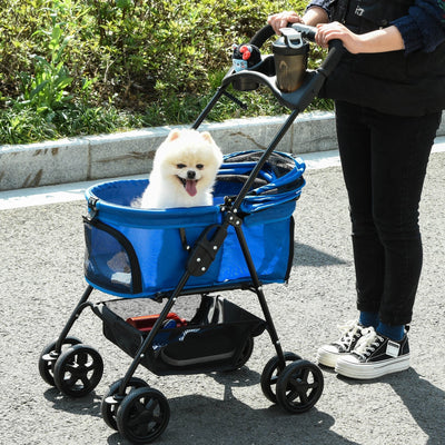 Pet Stroller Pushchair No-Zip Foldable Travel Carriage with Brake Basket Adjustable Canopy Blue