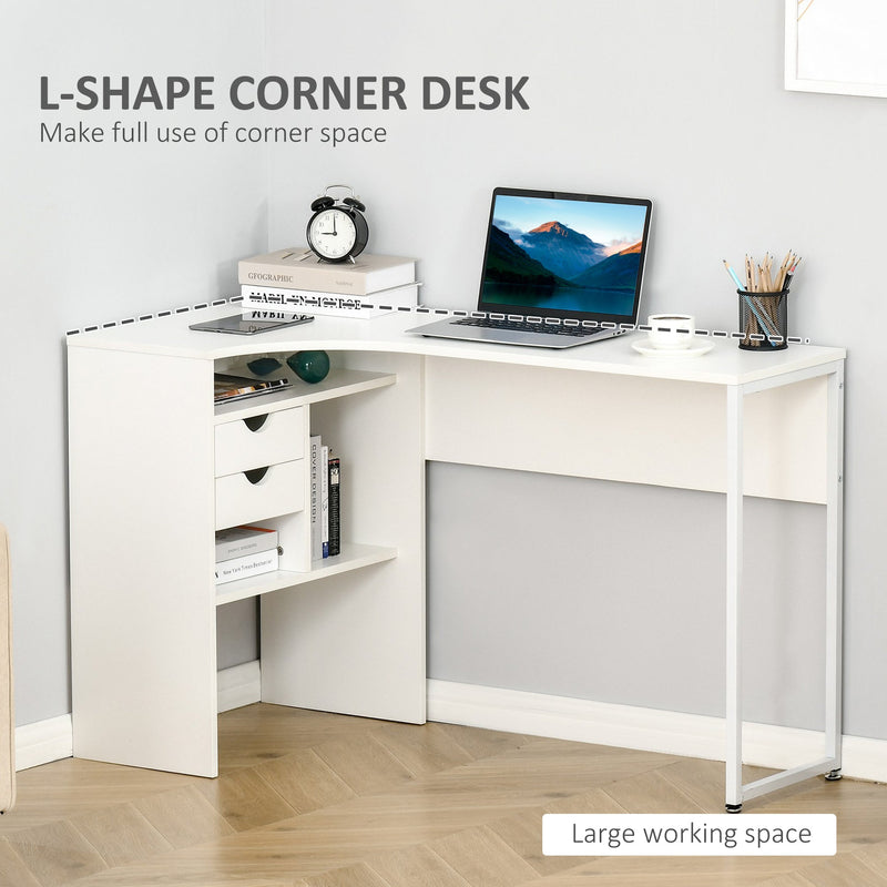 L-Shaped Corner Computer Desk Study Table PC Work w/ Storage Shelf Drawer Smooth Slide Office Home Workstation Space Saving - White