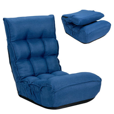 Folding Lazy Floor Chair with 5-Position Adjustable Head and Side Pocket-Blue