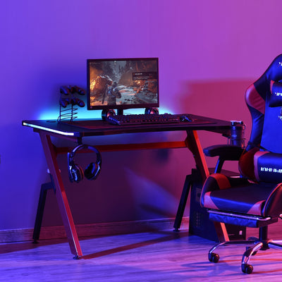 LED Ergonomic Gaming Desk Computer Table,  Cable Management, Red