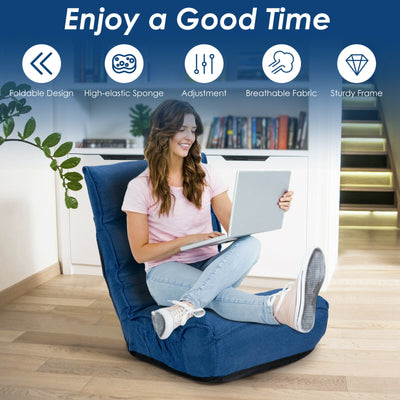 Folding Lazy Floor Chair with 5-Position Adjustable Head and Side Pocket-Blue