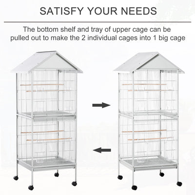 PawHut 170cm Metal Bird Cage Parrot Cage Mobile Feeder with Rolling Stand Perches Food Containers Doors Wheels White