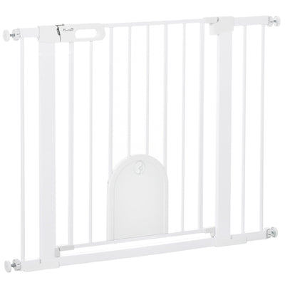 PawHut Dog Gate with Cat Flap Pet Safety Gate Barrier, Stair Pressure Fit, Auto Close, Double Locking, for Doorways, Hallways, 75-103 cm White