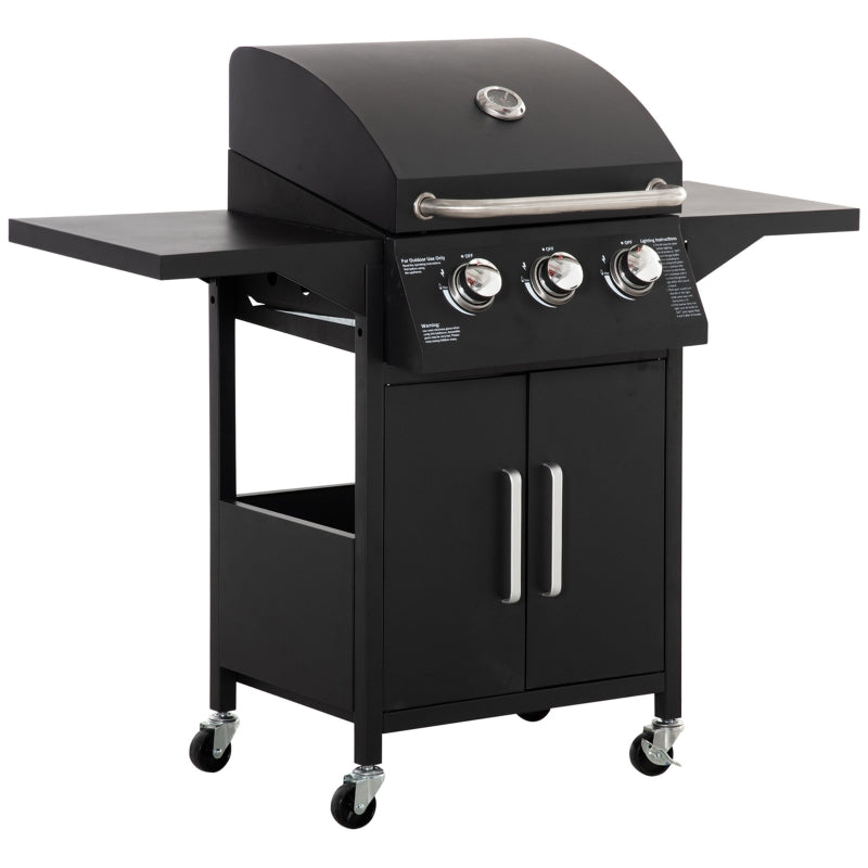 3 Burner Gas BBQ Grill Outdoor Portable Barbecue Trolley - Black