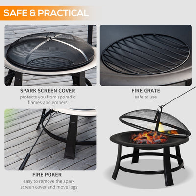 Outsunny 30 Round Metal Fire Pit With Cover-Black