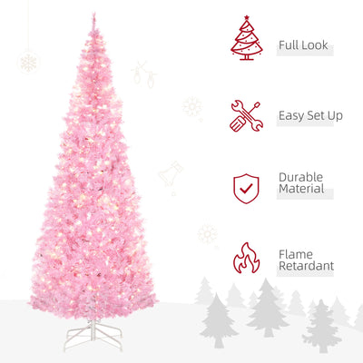 HOMCOM 7' Tall Prelit Pencil Slim Artificial Christmas Tree with Realistic Branches, 350 Warm White LED Lights and 818 Tips, Xmas Decoration, Pink