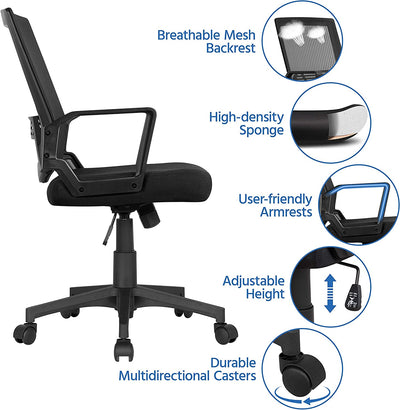 Yaheetech Adjustable Computer Chair Ergonomic Mesh Work Chair Reclining Mid-Back Study Chair with Comfy Lumbar Back Support for Home Office Black