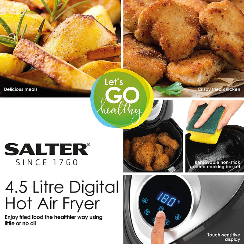 Salter EK4221 Digital Family Hot Air Fryer, 4.5L Non-Stick Cooking Basket, 30 Minute Timer, 7 Cooking Presets, Cook With Little To No Oil, 1300 W