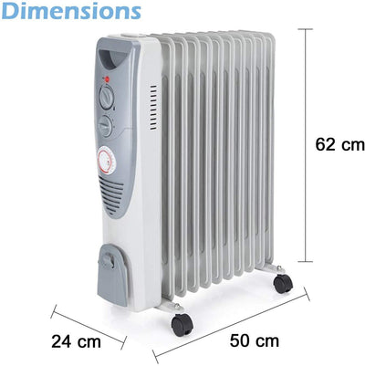 PureMate Oil Filled Radiator, 2500W/2.5KW - 11 Fin - Portable Electric Heater, 3 Power Settings