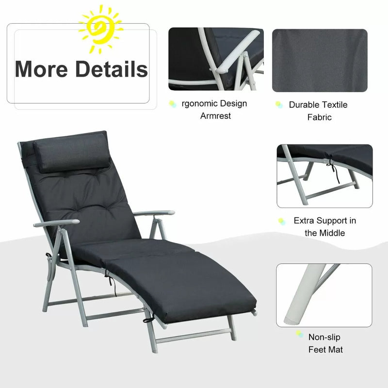 Foldable Padded Sun Lounger With Headrest - Black