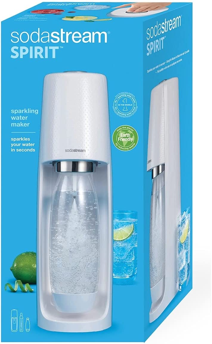 SodaStream Spirit Sparkling Water Maker Machine includes a 1 Litre Reusable BPA Free Water Bottle for Carbonating and 60 Litre CO2 Gas Cylinder, White