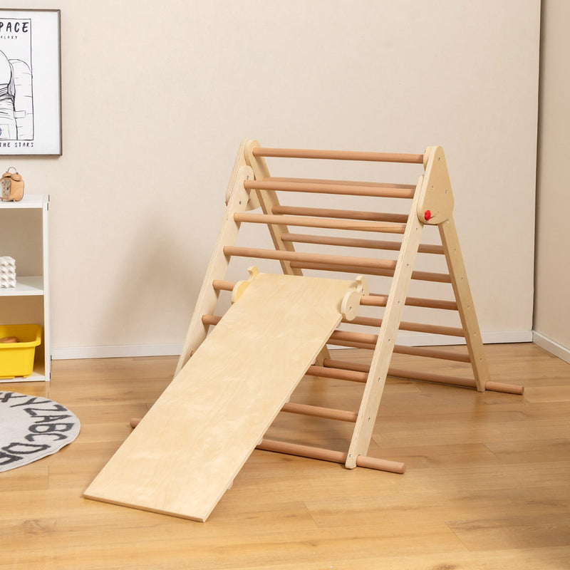 Kids Climbing Triangle Set with Adjustable and Reversible Ramp-Natural