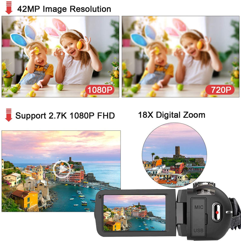 HD Video Camera Camcorder with LED Fill Light, 2.7K 1080P 42MP 30FPS FHD YouTube Vlogging Camera Recorder 18X Digital Zoom with 2 Batteries