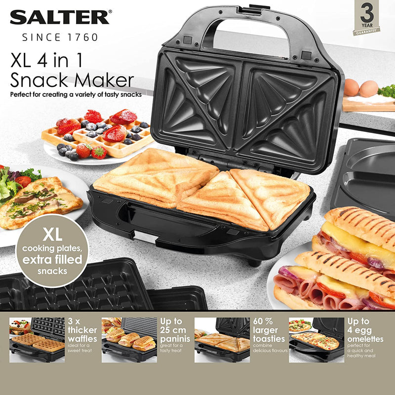 Salter XL 4-in-1 Snack Maker, Interchangeable Non-Stick Cooking Plates, Panini Press, Electric Omelette Cooker, Waffle, Toastie Sandwich Toaster