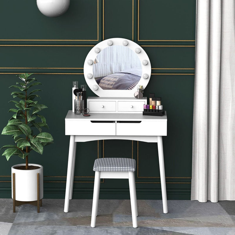 Modern Look Dressing Table Set with Lights Drawer and Cushioned Stool - White