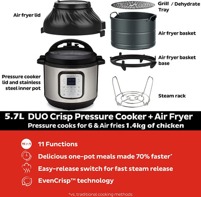 Instant Pot Duo Crisp + Air Fryer 11-in-1 Electric Multi-Cooker, 5.7L, Slow Cooker, Steamer, Sous Vide, Dehydrator with Grill, Food Warmer & Baking