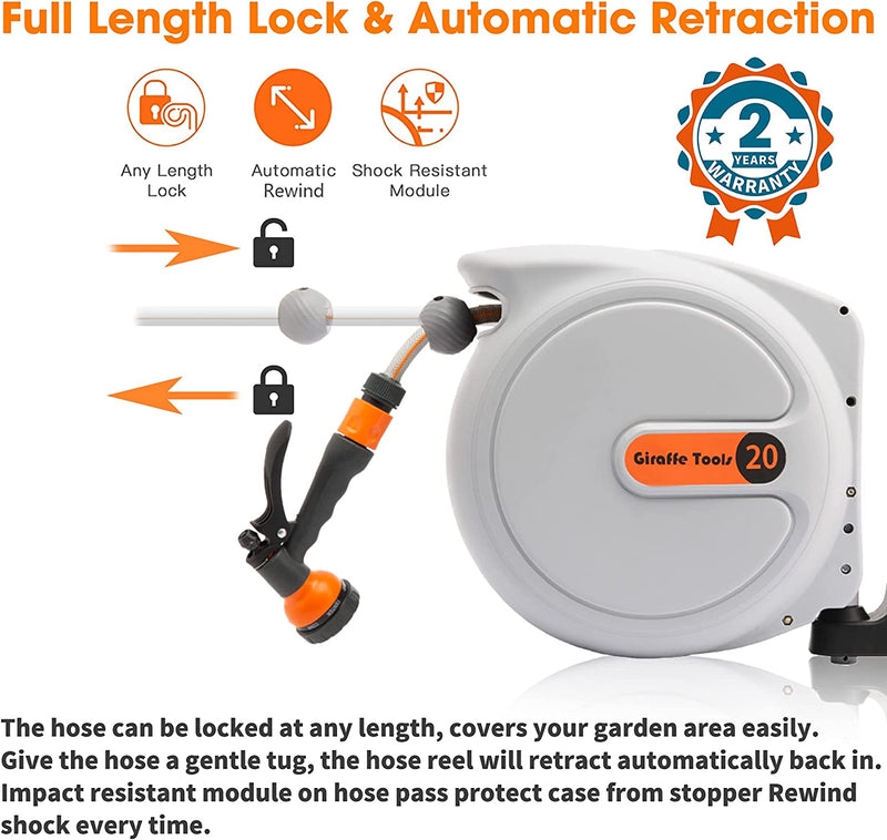 Giraffe Tools Retractable Garden Hose Reel Wall Mounted 20+2m, Hose Pipe Reel Automatic Rewind with 7 in 1 Spray Gun and Swivel Bracket