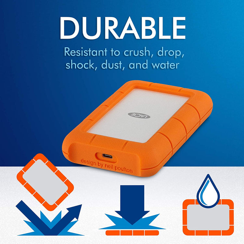 LaCie Rugged USB-C, 5TB, Portable External Hard Drive, Drop, Shock, Dust, Rain Resistant, for Mac & PC, incl. USB-C w/o USB-A cable (STFR5000800)