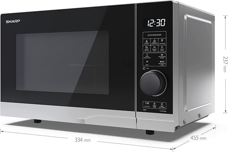 SHARP YC-PG204AU-S 20 Litre 700 W Microwave Oven with 900 W Grill, 10 Power Levels, 12 Automatic Cook Programmes, Digital Control, LED Cavity, Silver