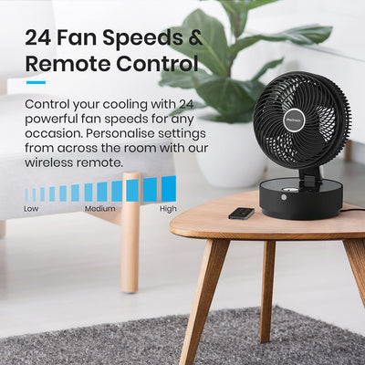 Pro Breeze Turbo Desk Fan - 8” Compact Air Circulator with Quiet DC Motor, 24 Speeds, 4 Operating Modes, 12 Hour Timer for Bedrooms and Office - Black