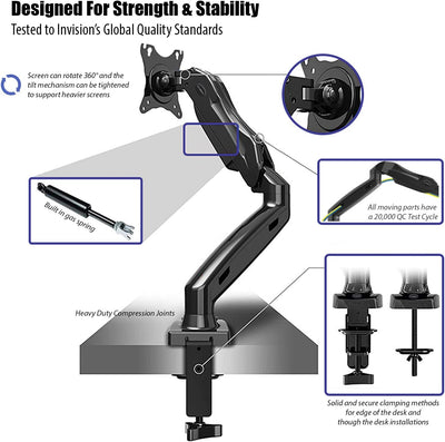 Invision PC Monitor Arm, Gas Powered Desktop Clamp Mount for 17–27” Screens Adjustable Tilt Swivel VESA 75mm & 100mm Weight 2kg to 6.5kg (MX150)