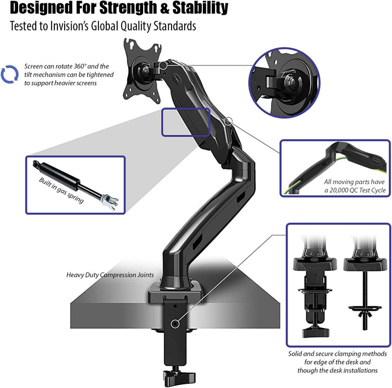 Invision PC Monitor Arm, Gas Powered Desktop Clamp Mount for 17–27” Screens Adjustable Tilt Swivel VESA 75mm & 100mm Weight 2kg to 6.5kg (MX150)